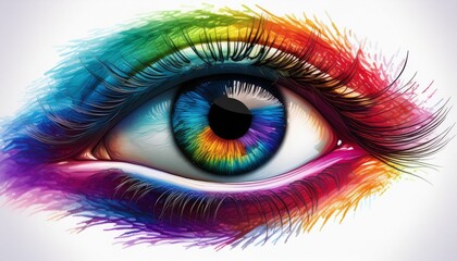 Vibrant Vision: Close-Up of a Colorful Rainbow Eye on a Panoramic White Background"