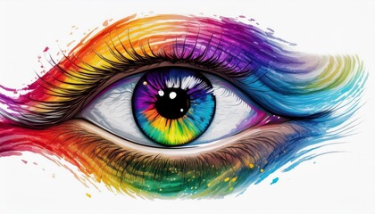 Vibrant Vision: Close-Up of a Colorful Rainbow Eye on a Panoramic White Background