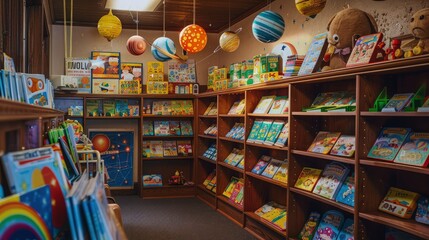 Create an image of a classroom corner decorated with a toy solar system hanging from the ceiling, and educational games neatly arranged on low shelves accessible to children.