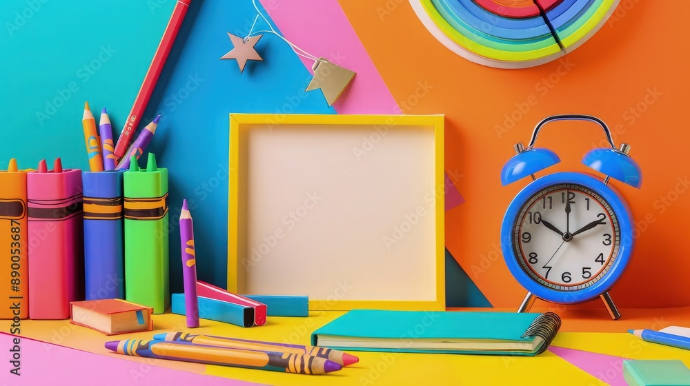 Poster create an image of a colorful children's desk with crayons, a cheerful alarm clock, bright notebooks
