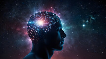 Obraz premium A head with a glowing brain surrounded by a galaxy of stars. Concept of wonder and curiosity about the mysteries of the universe and the human mind. generative.ai