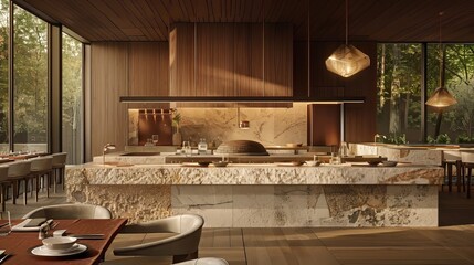 Luxurious modern kitchen and dining room with natural sunlight