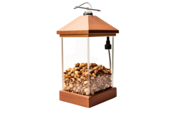 A Wooden Bird Feeder Filled With Seeds Ready for Birds on a Clear PNG or White Background.
