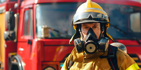 fire fighter wearing a protective mask, gas mask, respirator for safety from pollution, or hazardous materials