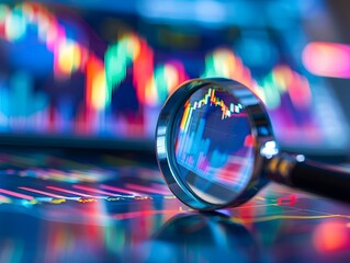 Close-up of a magnifying glass on financial charts and graphs