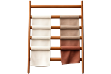 A Wooden Ladder Displaying Rolled Fabric Swatches in Creamy White and Earthy Tones on a Clear PNG or White Background.