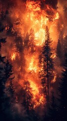 Fototapeta premium Catastrophic forest fires create a fiery spectacle, with trees engulfed in flames and the sky painted with smoke, Photo --ar 9:16 --stylize 750 Job ID: 2e6b70f0-af5f-4fc0-8b18-b48917119464