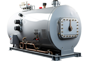 A Silver Industrial Boiler With Copper Pipes and a Metal Access Panel on a Clear PNG or White Background.
