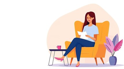 Woman sitting in a chair reading a document.