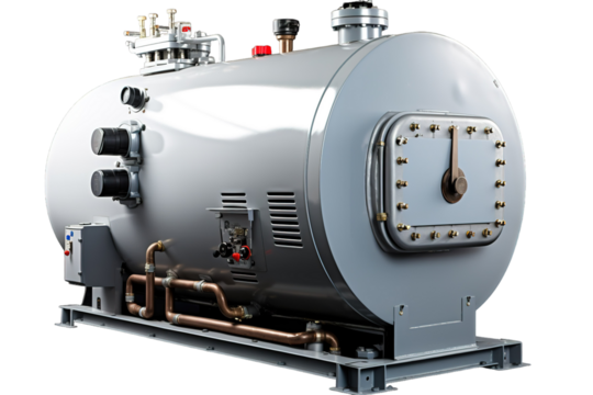 A Silver Industrial Boiler With Copper Pipes and a Metal Access Panel on a Clear PNG or White Background.