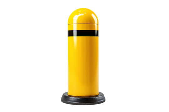 A Yellow And Black Bollard Stands Tall Against A White Background on a Clear PNG or White Background.