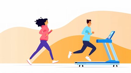 Obraz premium Man and woman exercising on treadmill and running outside, health and fitness concept.