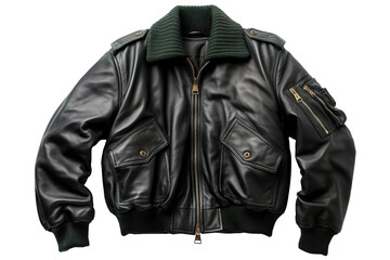 Classic Black Leather Bomber Jacket With Green Fleece Collar and Zippered Pockets on a Clear PNG or White Background.