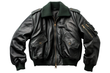 Classic Black Leather Bomber Jacket With Green Fleece Collar and Zippered Pockets on a Clear PNG or White Background.