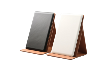 Two Stylish Leather Phone Stands In Black And White on a Clear PNG or White Background.
