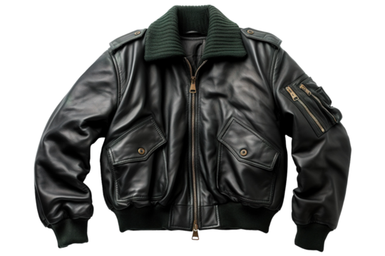 Classic Black Leather Bomber Jacket With Green Fleece Collar and Zippered Pockets on a Clear PNG or White Background.