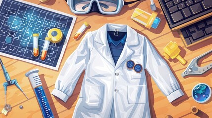 Design a background depicting a science-themed setup with a lab coat, safety goggles, test tubes, and a periodic table poster, ideal for science students returning to school.