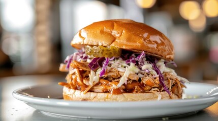 pulled chicken sandwich with BBQ sauce, coleslaw, and pickles on a toasted bun