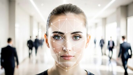 Facial Recognition Software Background – Futuristic design with facial recognition grids.

