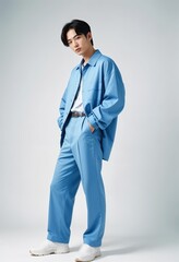 Stylish Young Korean Man in Trendy Blue Outfit. Pose confidently against a neutral background
