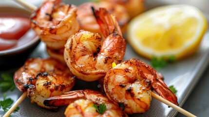 Spicy grilled shrimp on a skewer, served with a side of tangy dipping sauce and lemon slices