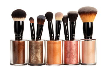 A Collection of Pristine Makeup Brushes in Glass Holders on a Clear PNG or White Background.