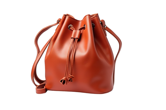 A Rustic Leather Bucket Bag With a Distinctive Drawstring Closure on a Clear PNG or White Background.