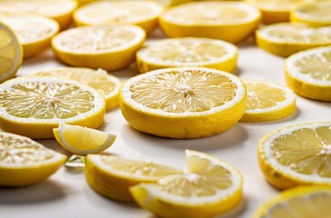 Close-up of freshly yellow lemon slices on white surface