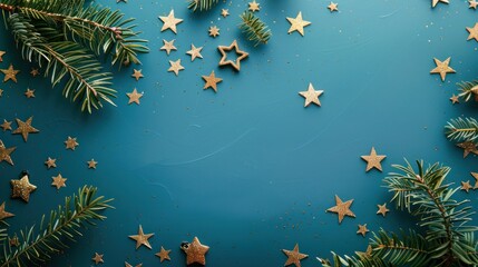 Festive Blue Background with Golden Stars and Pine Branches