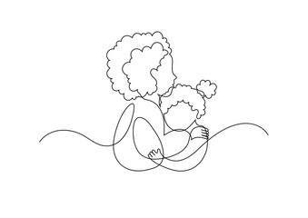 Woman embracing child. Mother with daughter. Continuous line drawing. 