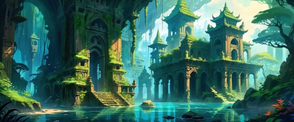Obraz premium Ancient ruins covered in green moss, surrounded by calm water and lush vegetation. Moss-Covered Ruins. Anime art style