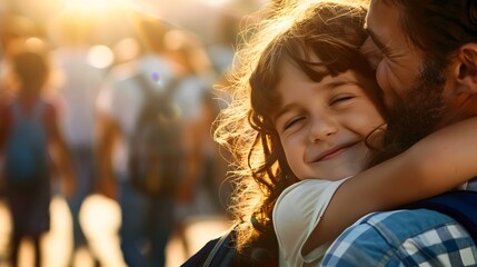 Tender Morning Goodbye - Parent Kissing Child at School Gate, Love and Affection Scene with Students and Parents in Background