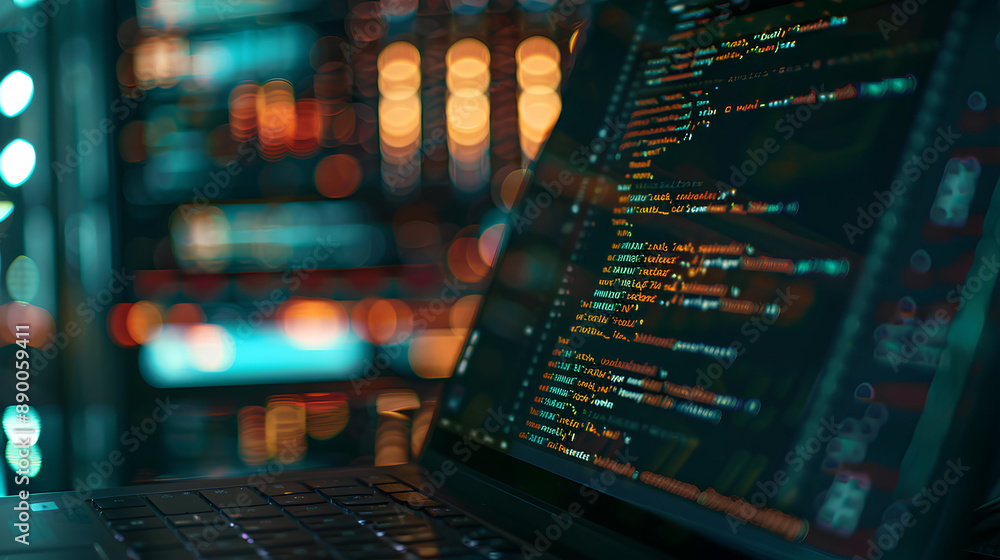 Poster a close-up on a laptop screen displaying code with cloud service apis and a blurred background of a 