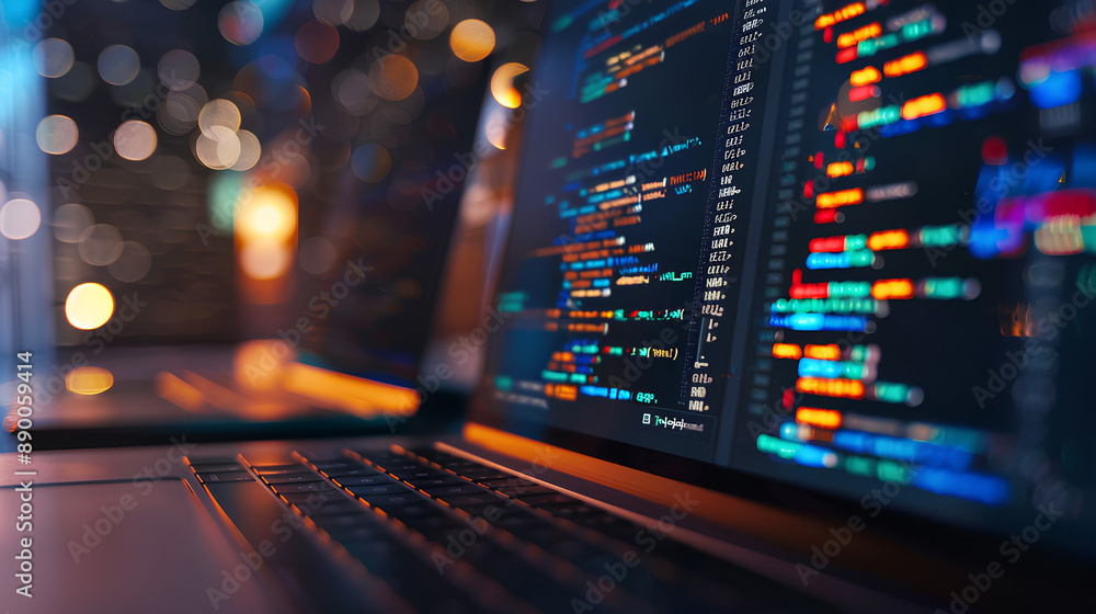 Poster a close-up on a laptop screen displaying code with cloud service apis and a blurred background of a 