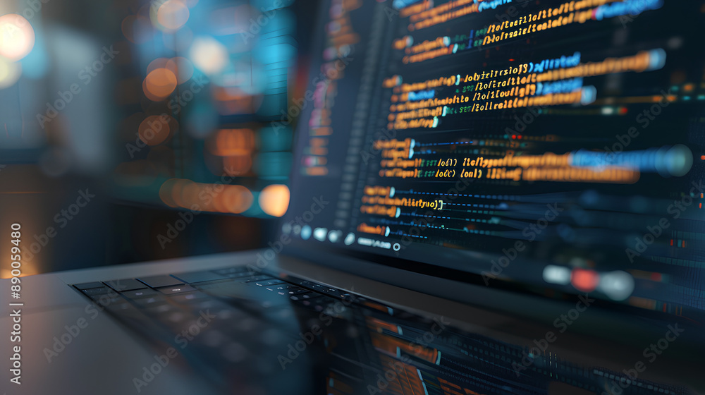 Poster a close-up on a laptop screen displaying code with cloud service apis and a blurred background of a 