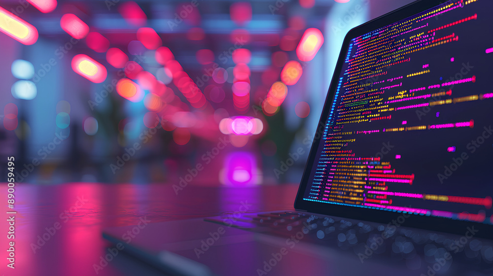 Poster a close-up on a laptop screen displaying code with cloud service apis and a blurred background of a 