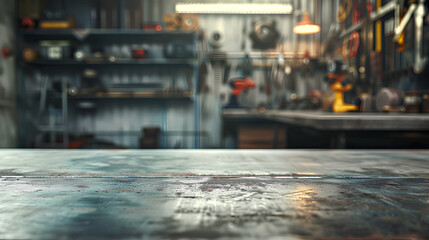 A metal blank tabletop with blurred automotive tools and parts in the background suitable for promoting automotive products