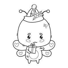 Christmas butterfly in hat with gift. Outline cartoon kawaii insect character. Line drawing, coloring book. Vector illustration. Festive Kids collection