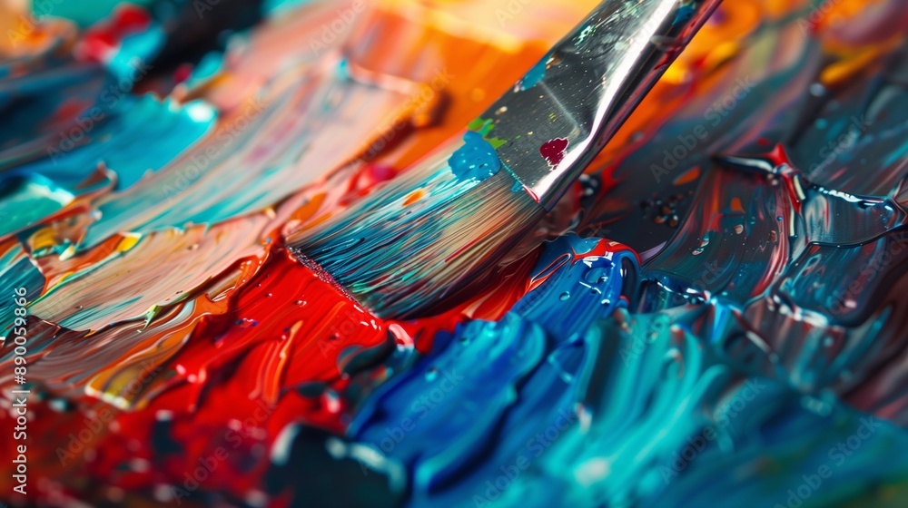 Poster macro shot of a brush touching a canvas, spreading vivid and vibrant paint in an intricate pattern.