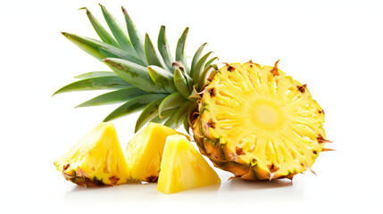 Pineapple and its slices on a white background.