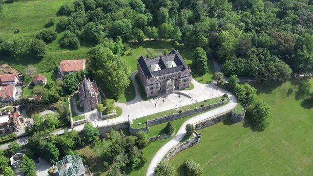 4K aerial drone of Comillas historic building in Cantabria, northern Spain. High quality 4k footage