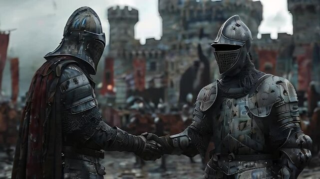 Two Medieval Knights Shaking Hands on a Battlefield