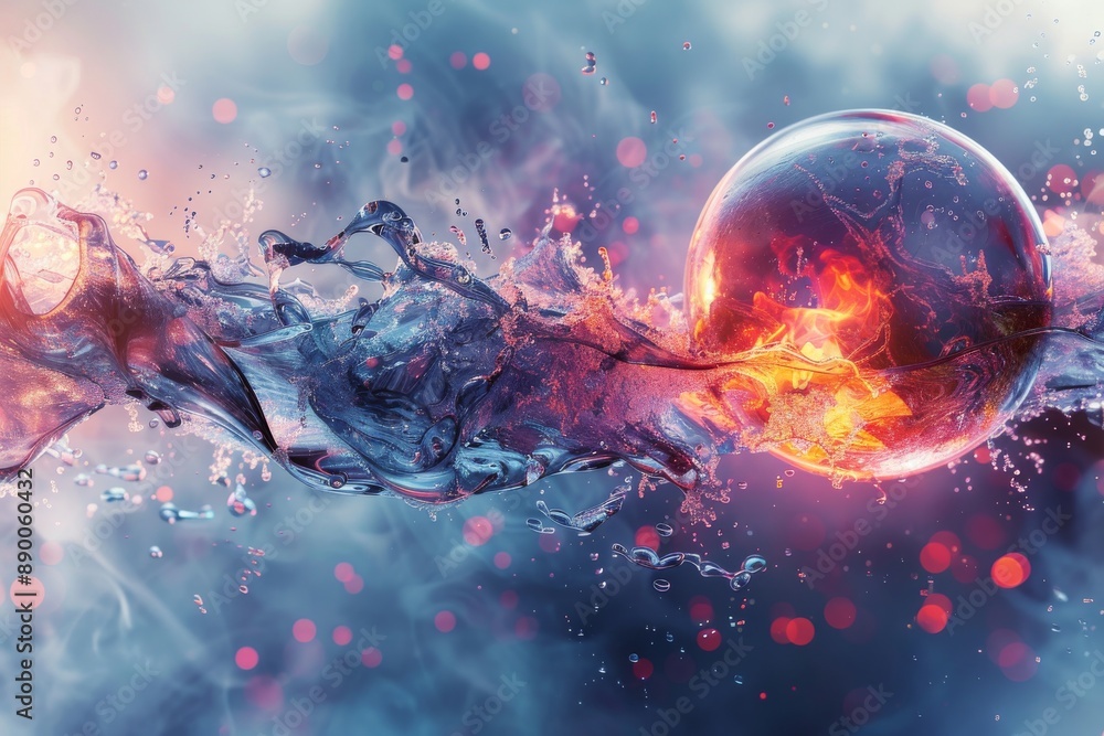 Poster fiery water sphere collision with explosive energy and dynamic fluid motion