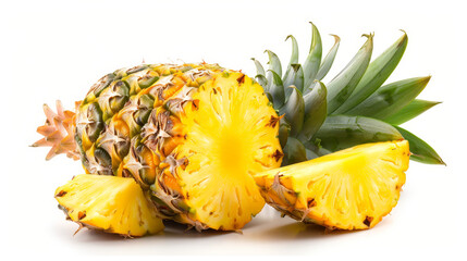 Pineapple and its slices on a white background.