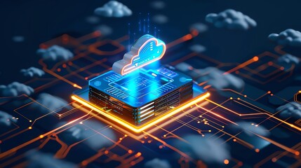 Futuristic digital representation of cloud computing technology with glowing circuit board and cloud icon, surrounded by fluffy clouds.