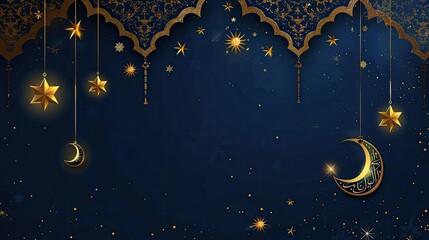 Islamic background with mosque dome and crescent moon and stars hanging on dark blue background