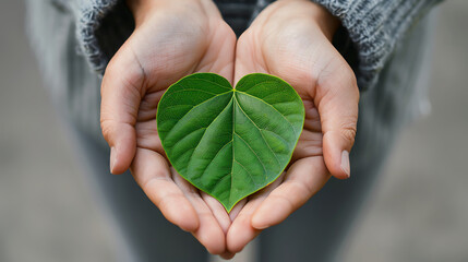 Heart-shaped leaf protected by gentle hands, green energy and sustainability concept, bright colors, detailed illustration