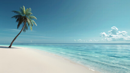 Fototapeta premium Idyllic beach scene with white sand, turquoise water, and a single palm tree, peaceful and vibrant, digital rendering