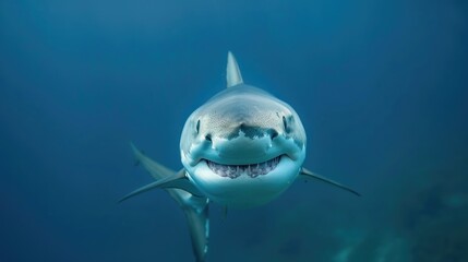 Naklejka premium A shark in the depths of the ocean. An open dangerous mouth with many teeth. The waves of the blue sea, clear water.