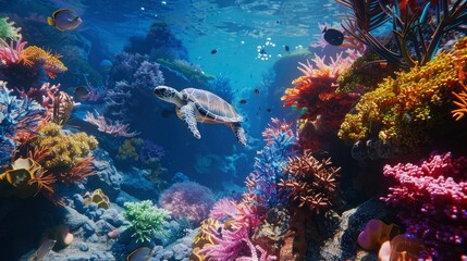 Fototapeta premium A vibrant coral reef with sea turtles.